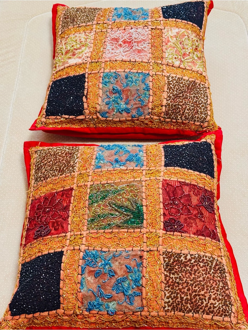 2 Handmade Patchwork Bohemian Style Decorative Pillow Covers— Red Multicolor